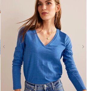 Boden Cotton V-Neck Long Sleeve Top Meadow Spring (Blue) XS
